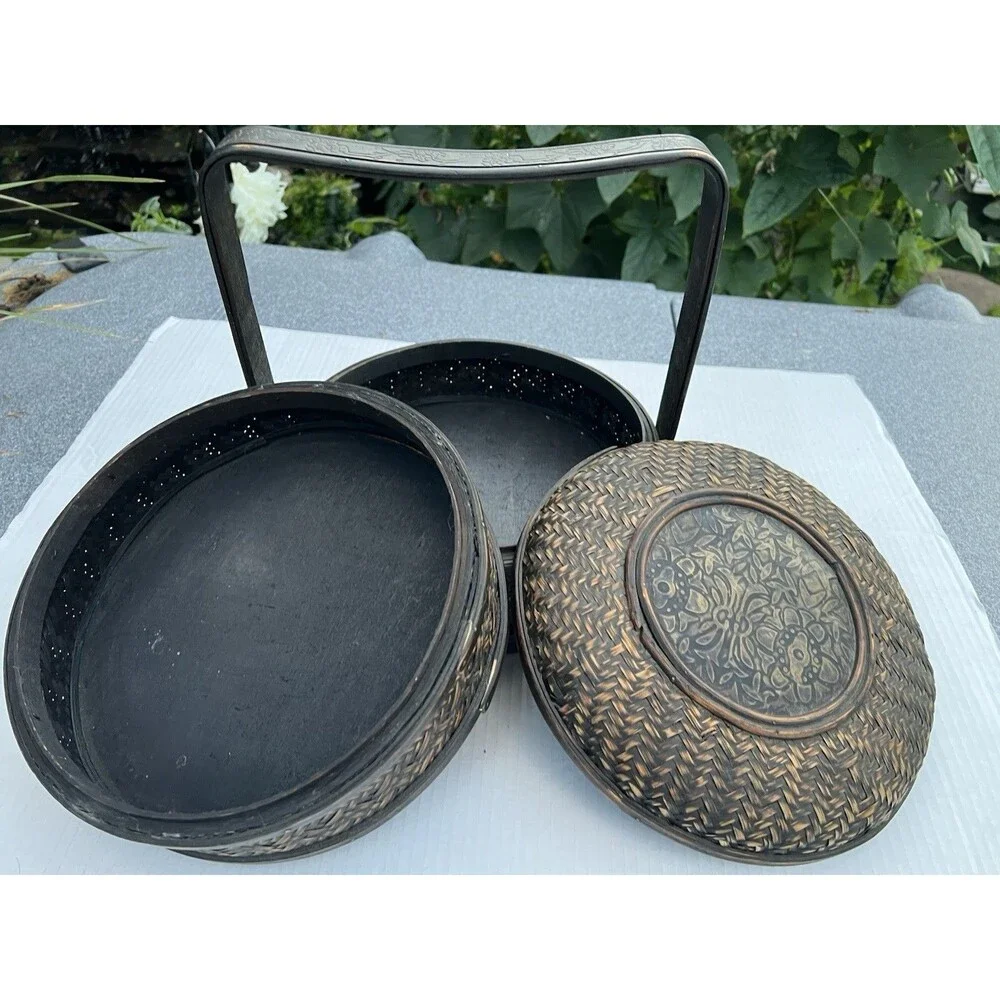 1900 Chinese 2-Tier Woven Bamboo Wedding Basket Metal Floral Medallion